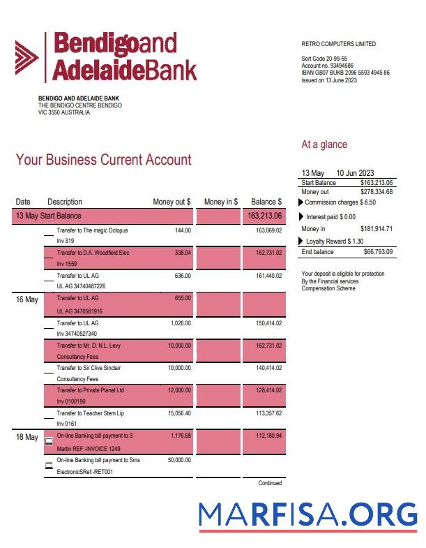 Printable Bendigo and Adelaide Bank company account statement Word and PDF template